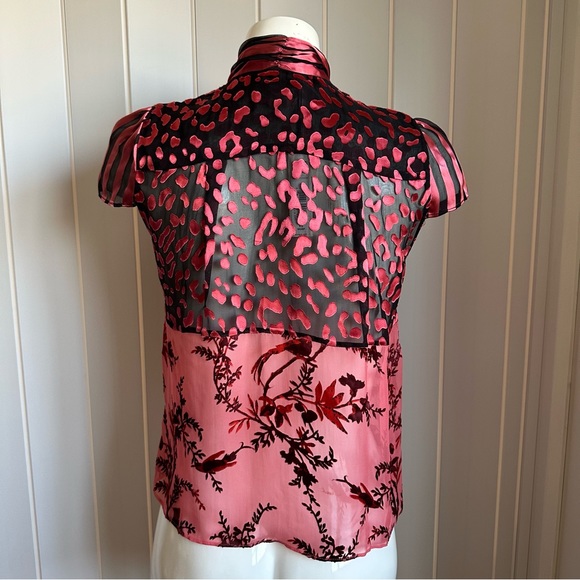 🎀SOLD🎀Alice + Olivia Jeannie Pink Stripe Leopard Neck Bow Blouse - Picture 9 of 10